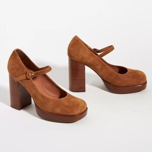 Suede Mary Jane Platform Pumps in Cognac